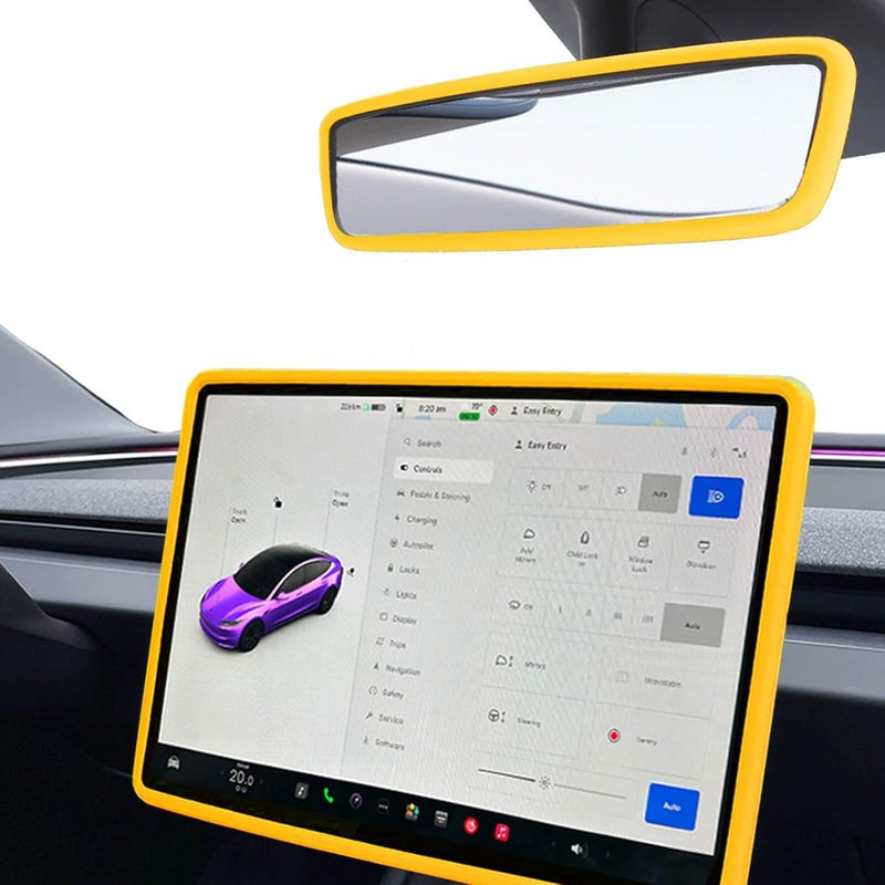 Yeapop 2Pcs Silicone Protector Frames of Screen and Rear View Mirror for Tesla Model 3 2024 Highland and Model Y 2025 Juniper. (Yellow) - Image 1